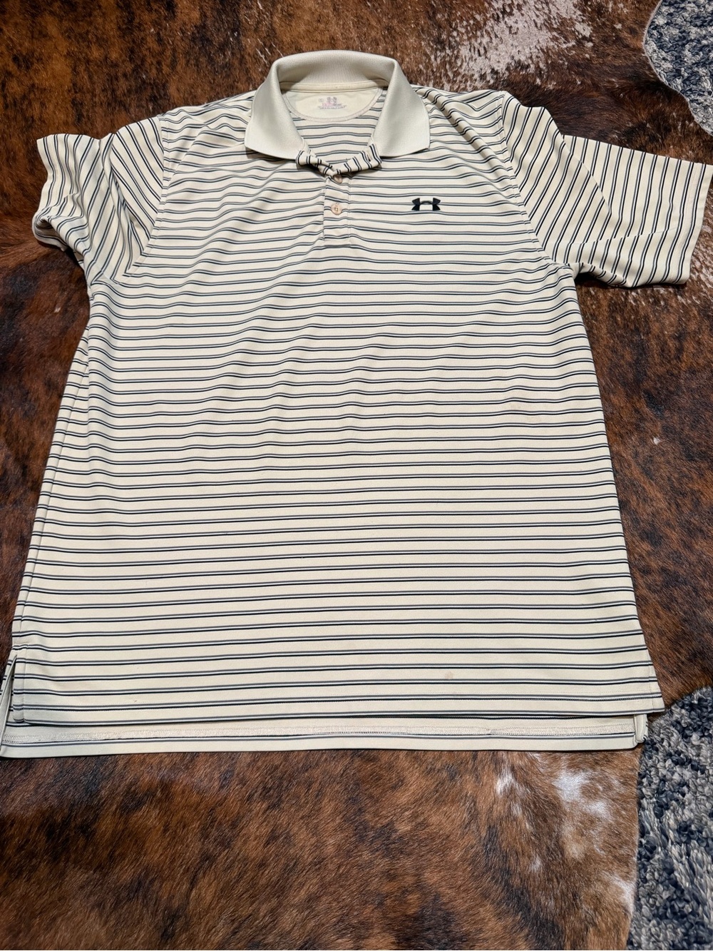 Under Armour Mens HeatGear Striped Polo Shirt Tan Khaki L Loose Fit Golf Tee